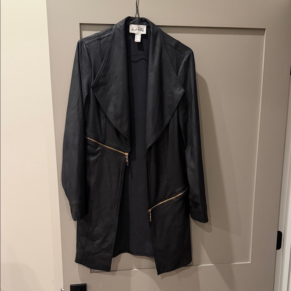 Joseph Ribkoff Dark Leather Jacket with Metallic Zippers